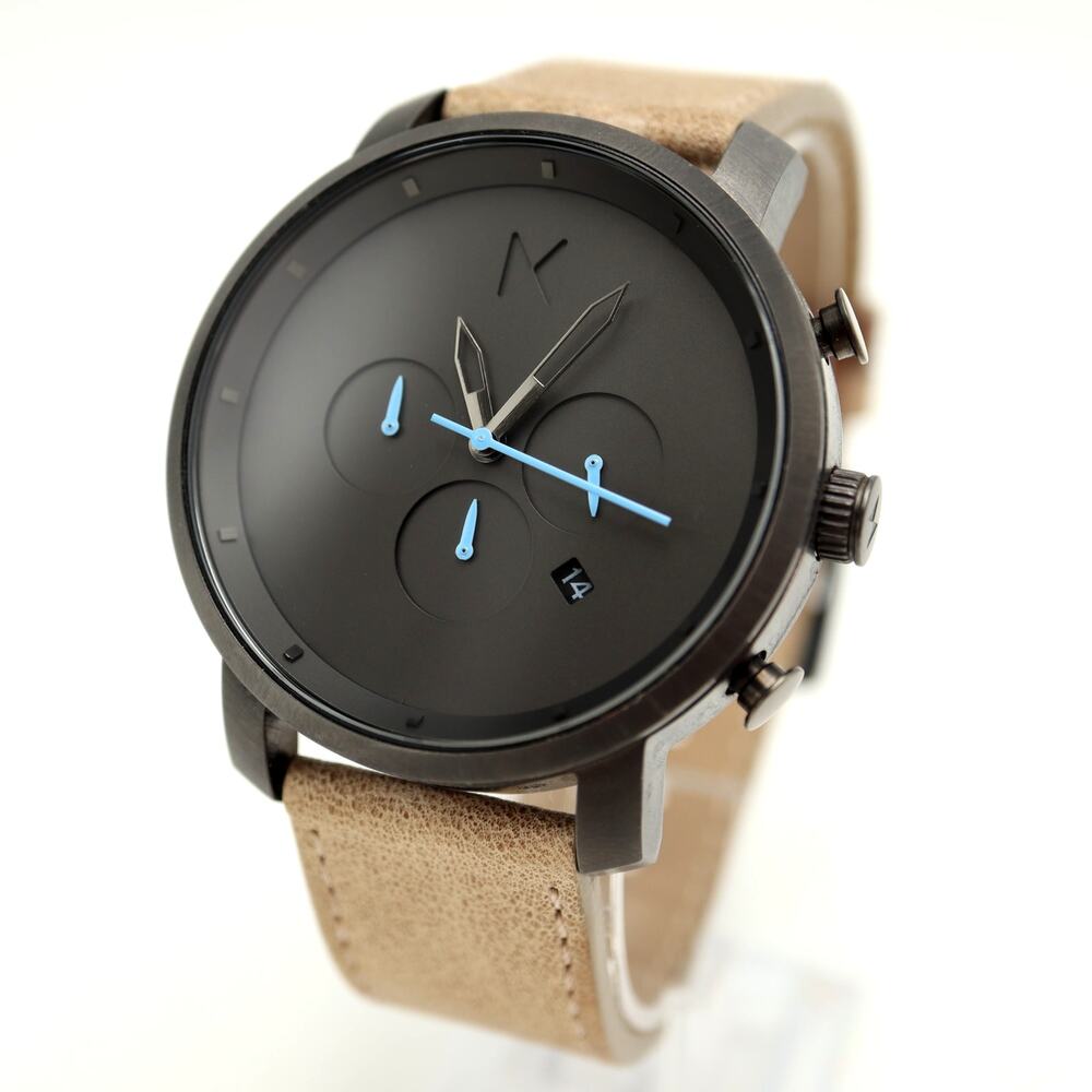 MVMT Gunmetal Gray Mens 45mm Chronograph Watch Date Beige Leather w New Battery